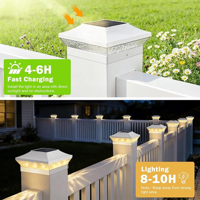 Brightever 3.5x3.5 4x4 Solar Post Cap Lights Outdoor, 6-Pack Solar Fence Post Lights for Wooden/Vinyl Posts, 2 Modes (Warm/Cool White), Solar Powered Waterproof Deck Post Lights for Patio Porch, White