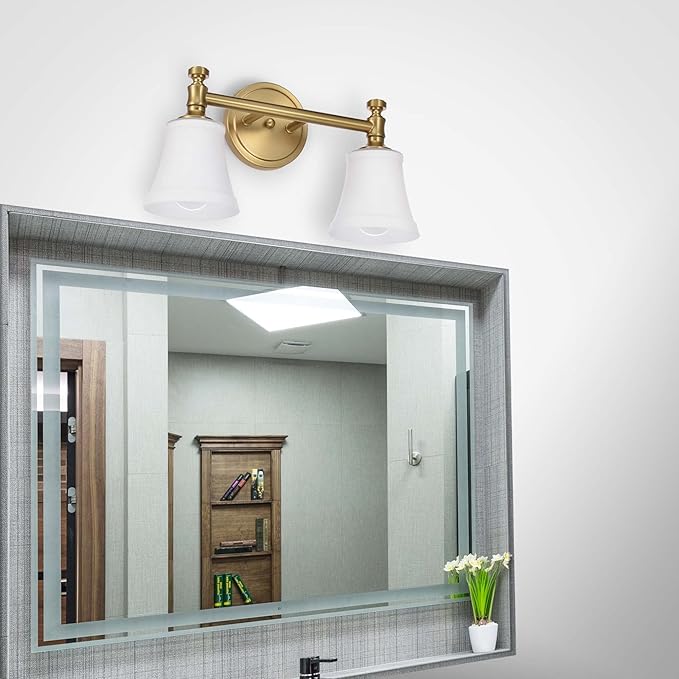 Gold Bathroom Vanity Light Fixtures, Traditional Aged Brass 2 Lights Wall Sconce Lighting with Opal Glass Shade, Porch Wall Mount Light Fixture for Bathroom, Mirror Cabinets Hallway Stairs