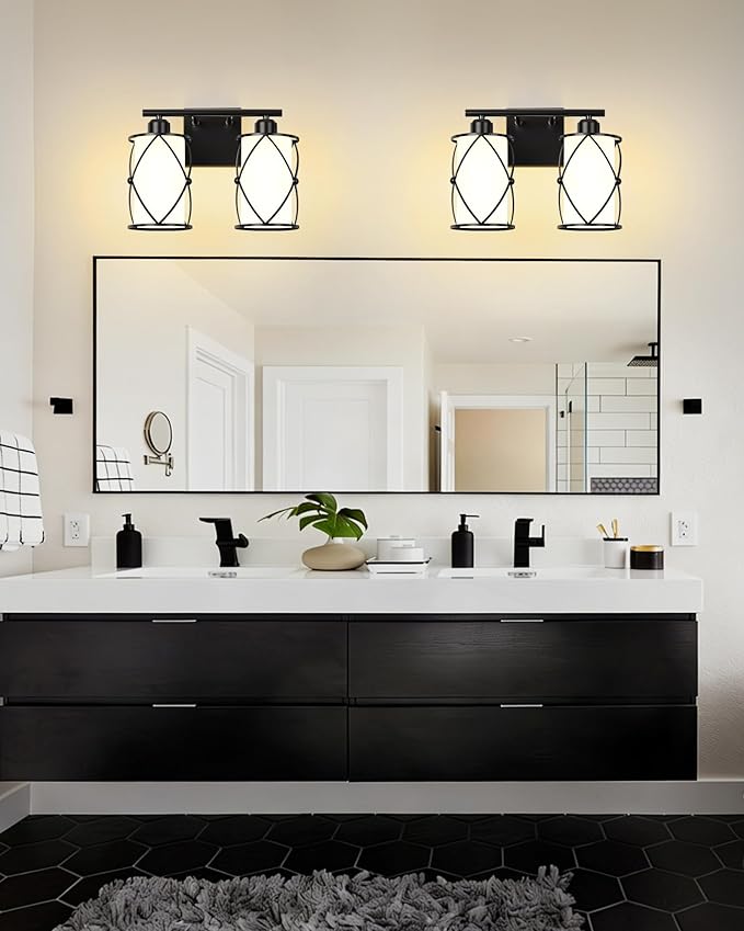 2-Light Black Bathroom Light Fixtures with Milk White Frosted Glass, 13.8" Modern Bathroom Vanity Lighting Fixtures Over Mirror with Metal Cage, Wall Sconce Lights for Bath, E26, CH9176BKW-2W