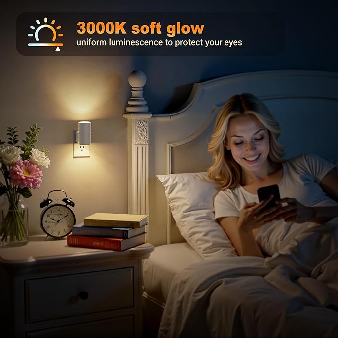 JandCase Night Lights Plug into Wall, Dimmable Gray Night Lights with Dusk to Dawn Light Sensor, Soft White 3000K, 0-100LM Adjustable Brightness Nightlight for Hallway Bathroom, 2 Pack
