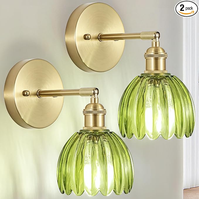 Hardwired Wall Sconces Set of Two, Vintage Wall Lights with Green Tulip Glass Lampshade, Gold Wall Lamps for Bedroom Bedside Stairway Bathroom Living Room (Bulbs Not Included, Not Battery Powered)