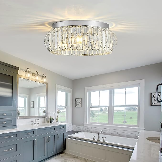 YYJLX 3 Light Flush Mount Ceiling Light Fixtures Modern Crystal Chandelier Chrome Chandelier for Hallway Bedroom Bathroom Foyer Entryway Laundry Room Kitchen.