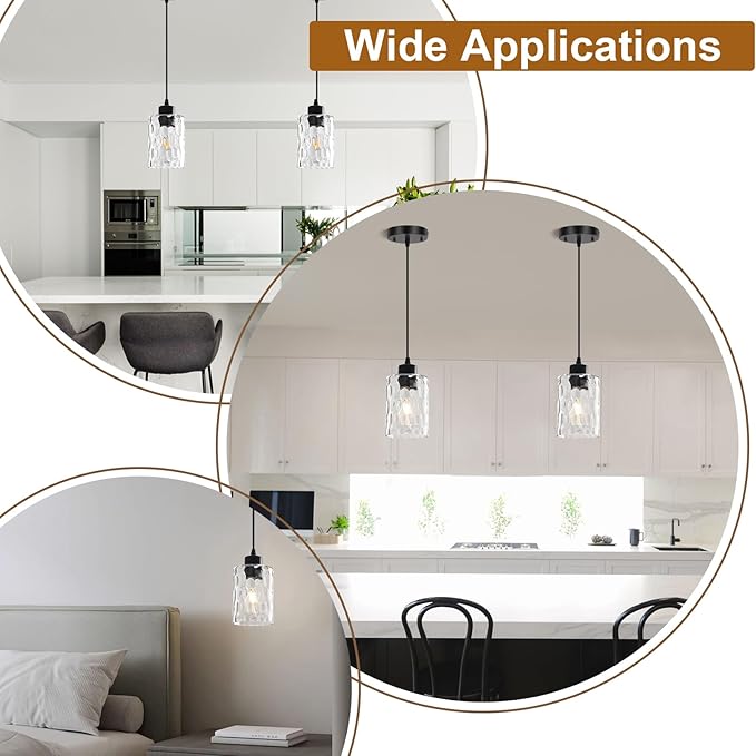 2 Pack Black Pendant Lights Kitchen Island, Adjustable Modern Glass Pendant Light Fixtures Hanging Light Fixture with Hammerde Glass Shade for Bedroom Dining Room Living Room Entryway