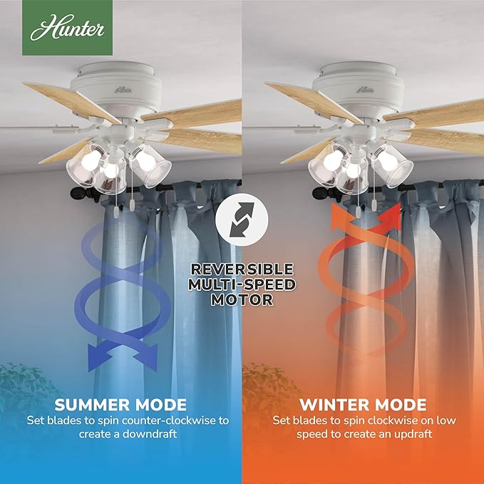 Hunter 52 inch Indoor Ceiling Fan with LED Lights and Pull Chain - Low Profile Mount White Ceiling Fan, 5 Blades, For Bedroom, Living Room, or Kitchen, Quiet - Crestfield 54207, Fresh White