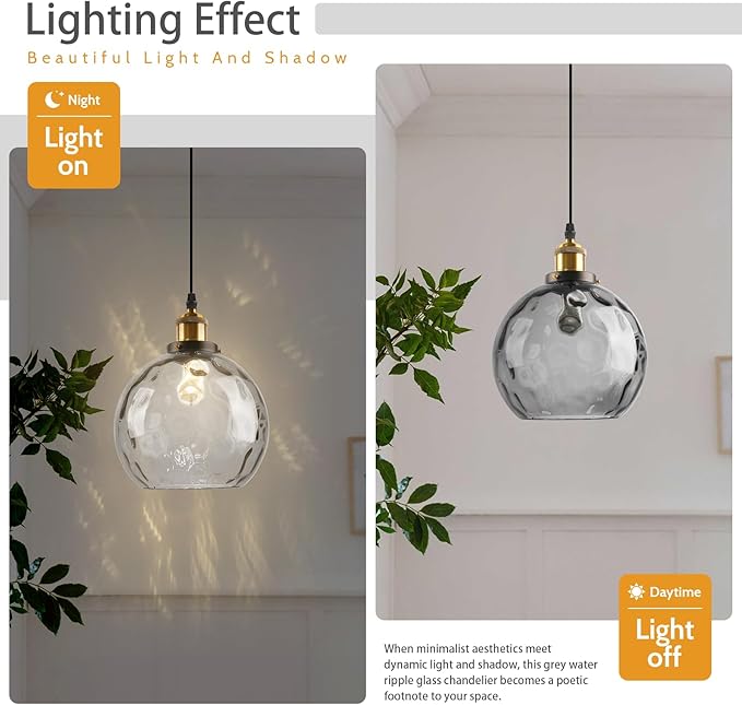 Smoke Glass Pendant Lighting with Plug in Cord, Mid Century Modern Hanging Ceiling Light Fixture Plug in Hammered Globe Hanging Pendant Lamp for Kitchen Island Dining Room Living Room (2 Pack)