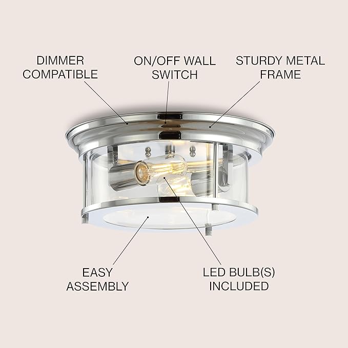 JONATHAN Y 13.25" Chrome 2-Light LED Flush Mount Ceiling Light Fixture, Modern Clear Glass Drum Shade, Industrial Farmhouse Lighting for Kitchen Hallway Bedroom (JYL7446C)
