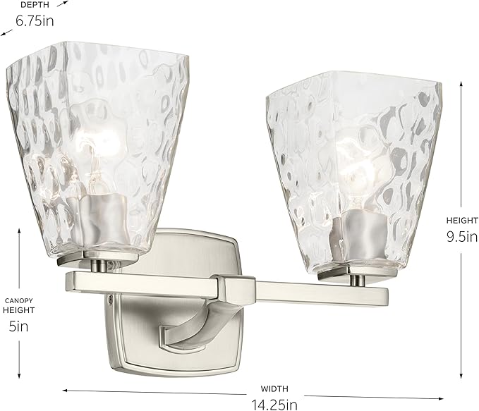 Kichler Marant 2-Light Bathroom Vanity Light Fixture with Clear Water Glass in Brushed Nickel, Modern Wall Mount Light for Bathroom Over Mirror (14.25 in x 9.5 in), 55215NIWTR