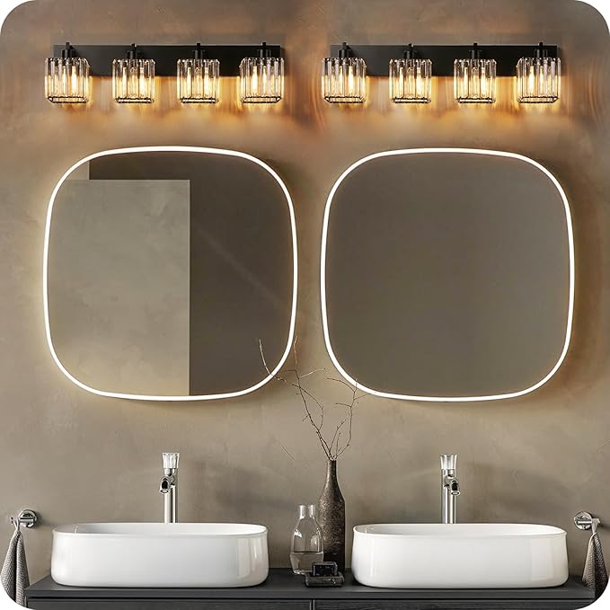 Modern Crystal Vanity Light, 4-Light Bathroom Light Fixture, 30.7"Square Vanity Lighting Fixture, E26 Base, Bulbs Not Included, for Bathroom,Vanity Light Over Mirror, Hallway,Black B11BD05W1