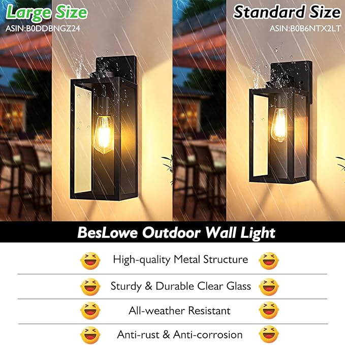 BesLowe 15.25” Large Size Outdoor Wall Light Fixture, Exterior Lighting Fixture Porch Sconce Wall Mounted, Waterproof Outdoor Wall Lantern, Outside Light for House Patio Front Door Entryway, Black