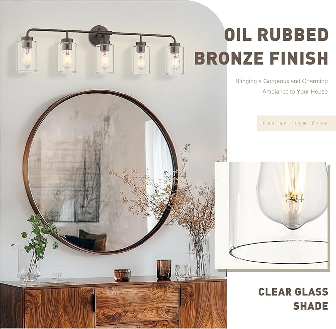 zeyu 36.9 Inch Bathroom Wall Light Fixtures, 5-Light Bathroom Vanity Light with Clear Glass Shade, Oil Rubbed Bronze Finish, ZS62B-5W ORB