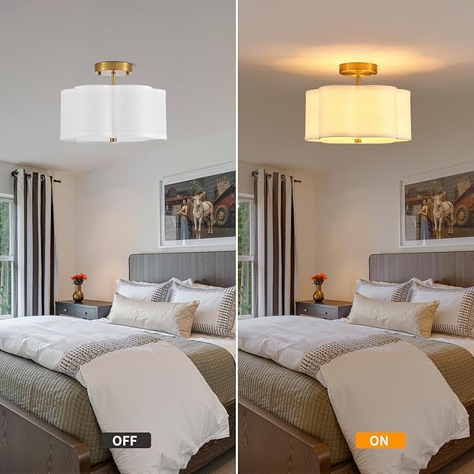 Modern Semi Flush Mount Ceiling Light Modern Gold 3-Lights Drum Ceiling Lighting Fixture Vintage Linen Golden Ceiling Lamp for Laundry Room, Kitchen, Basement, Dining Room, Bedroom