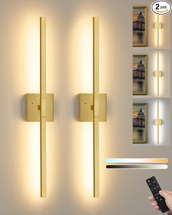 Rayogale 40 Inch 8000mAh Rechargeable Wall Sconce with Remote Control, 3000K/4500K/6000K Dimmable Battery Operated Wall Sconce Set of 2 with Timer, Wireless Wall Lights for Living Room Bedroom, Gold