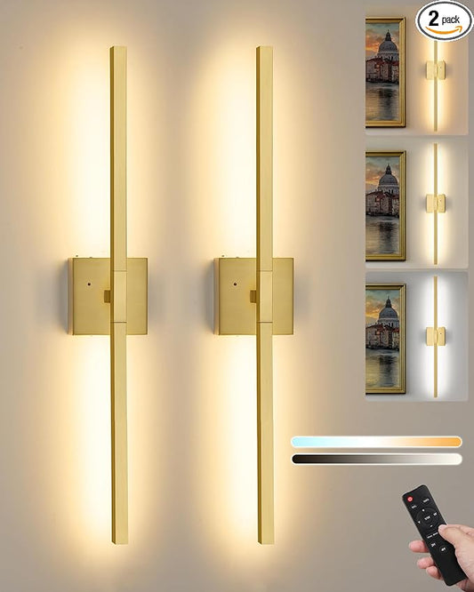Rayogale 36 Inch 8000mAh Wireless Wall Sconce with Remote Control, 3000K/4500K/6000K Dimmable Battery Operated Wall Sconce Set of 2 with Timer, Rechargeable Wall Lights for Living Room Bedroom, Gold