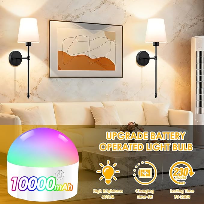 OCATO Battery Operated Wall Sconce: 10000mAh Wireless Wall Sconces Set of Two Rechargeable Lamp Dimmable Magnetic Lights with 7 RGB Colors and Remote Walls Decor for Bedroom Living Room Hallway