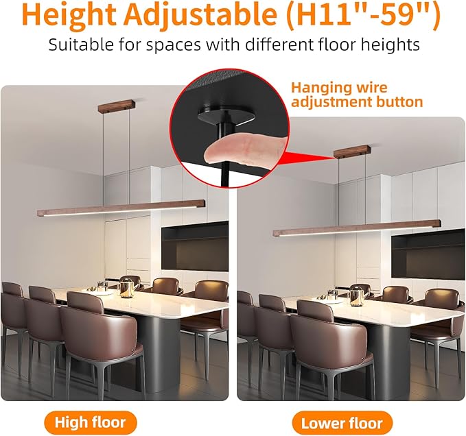 Modern Wooden Pendant Light, 47IN Walnut Wooden Chandelier with Remote Control 3000k-6500K Adjustable Color Temperature，Aluminum Island Lighting Lamp for Dining Room, Living Room