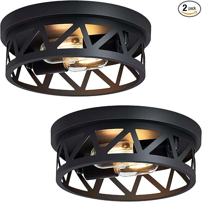 Black Flush Mount Ceiling Light Fixture,2-Light Hallway Light Fixtures Ceiling,Light Fixtures Ceiling Mount for Hall,Kitchen,Farmhouse (2 Pack)