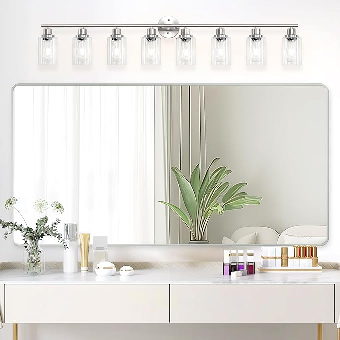 8-Light Brushed Nickel Vanity Lights, Modern Bathroom Light Fixtures with Clear Glass Shade, Wall Lamps for Mirror Kitchen Hallway Cabinet Living Room Sconces Lights - E26
