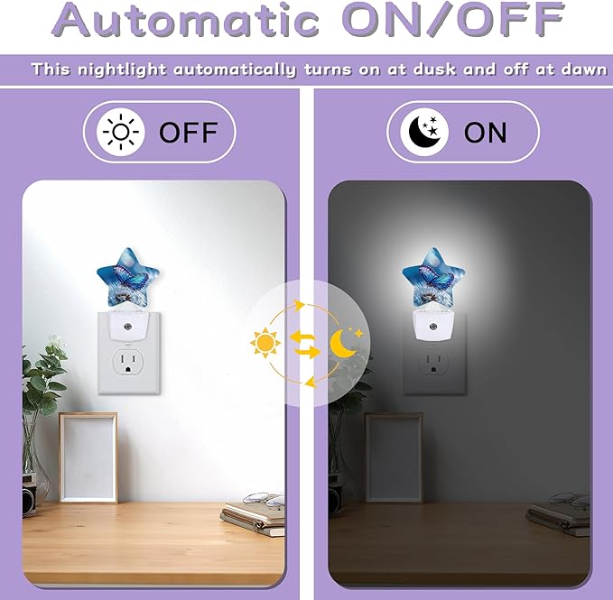 Blue Butterfly Night Lights Plug Into Wall, Dusk to Dawn Light Sensor Night Light for Kids,Energy Efficient Sleep Friendly Lamp for Bedroom Bathroom Nursery