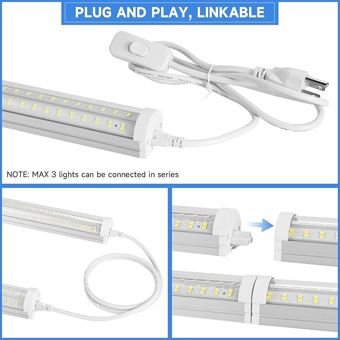 Phiwicsh 8FT U Shape 125W Integrated Tube Bright LED Light, 6500K Clear White, 20000LM - Flush Mount/Hanging Linkable LED Ceiling Lights for Garage, Plug&Play, 6 Pack