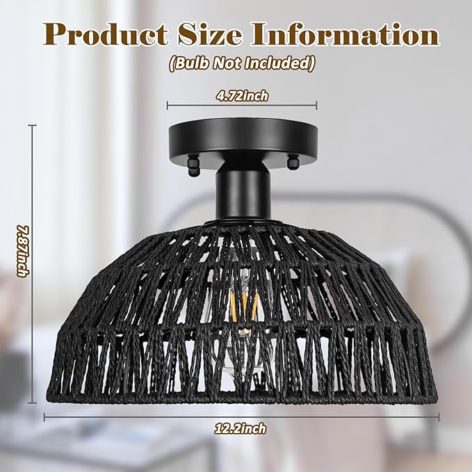 Rattan Ceiling Light Fixtures 2 Packs-Black Rustic Woven Basket Flush Mount Ceiling Light, Handmade Wicker Ceiling Lamp, Rattan Chandelier For Kitchen Island, Hallway, Living Room, Bedroom, E26 Base