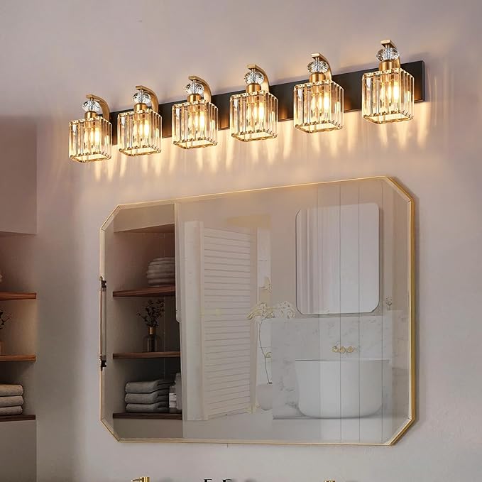 Modern Bathroom Vanity Light, 6-Light Black Gold Bathroom Lighting Fixtures Over Mirror, 44.1" Crystal Wall Light Sconce for Bathroom/Bedroom/Vanity, Includes LED Bulbs, Easy Installation