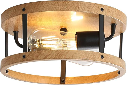 Flush Mount Ceiling Light Fixture, 11inch 2-Light Drum Close to Ceiling Lighting, Rustic Black Metal and Wood E26 Base Hanging Lamp for Hallway Entryway