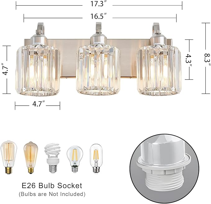 Modern Vanity Light 3-Lights Brushed Nickel Vanity Light Crystal Bathroom Wall Light Bathroom Light Fixtures with Round Shade (Exclude Bulb)