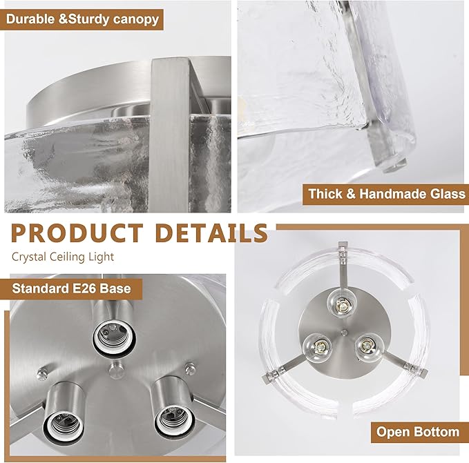 15" Modern Semi Flush Mount Ceiling Light, Brushed Nickel 3-Light Fixture with Glass Drum, Dimmable Hallway Lighting for Entryway, Kitchen, Bedroom, Bathroom