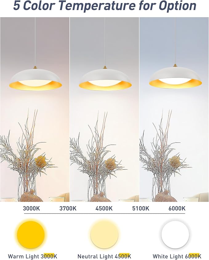 kudos LED Pendant Light Fixtures, Modern White and Gold Pendant Lights, 15 Inch Large Hanging Light Fixtures for Kitchen Island, Dining Room, Living Room, Bedroom, 5CCT Adjustable, KDPL02-WT