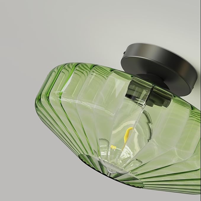 FCTWAKS Semi Flush Mount Ceiling Light, 11.8" Mid Century Modern 1-Light Close to Ceiling Light Fixtures with Drum Green Glass Shade for Bedroom Entryway Hallway Porch Foyer