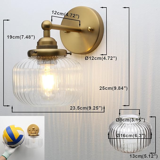 Yosoan Brass 1-Light Indoor Modern Wall Sconce, Vanity Boho Modern Gold Single Vintage Industrial Wall Mount Fixture with Striped Glass Shade for Bathroom Kitchen Mirror Bedroom Dinning Room(Antique)