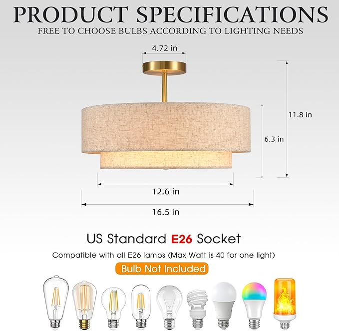 16.5 inch Semi Flush Mount Ceiling Light with Natural Linen Shade, 3-Light UL Listed Fixture with E26 Socket (No Bulb Included) for Bedroom, Kitchen, Living Room