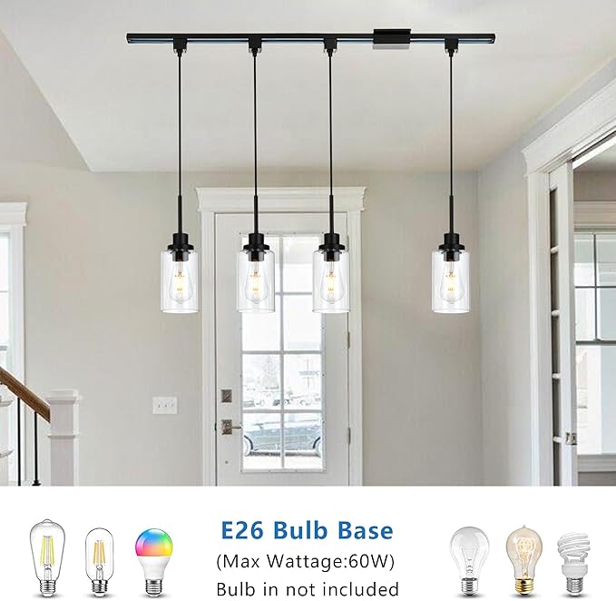 MELUCEE 4 Pack H Type Track Pendant Lighting Black Ceiling Track Hanging Light Fixtures Pendant with Clear Glass Shades, Compatible with H Type Track Lighting Rail, E26 Socket