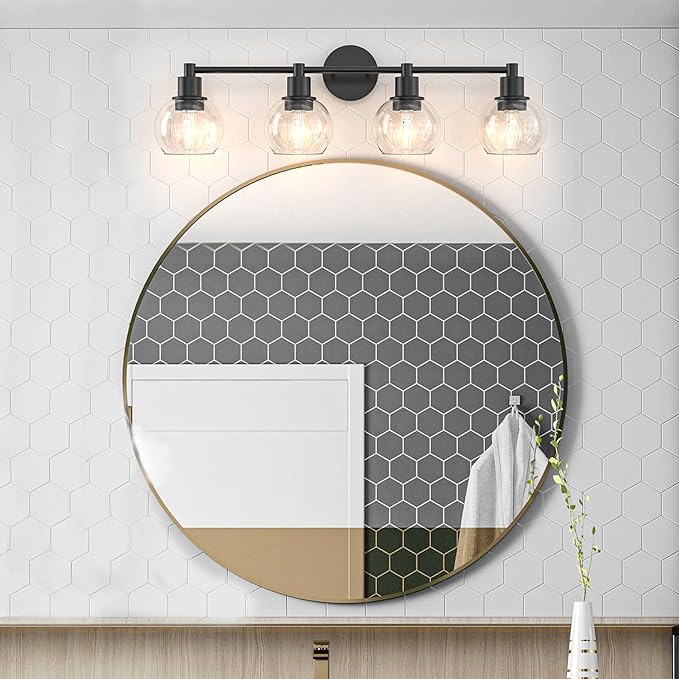 Espird 4 Lights Bathroom Vanity Light Fixtures Black, Bathroom Lights Over Mirror, Industrial and Farmhouse 4 Lights Wall Sconce, Matte Black Globe Vanity Lighting Fixtures