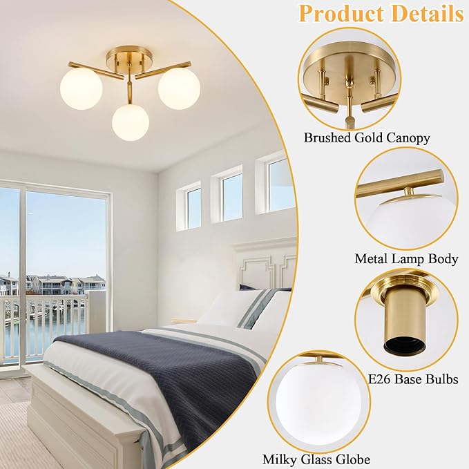 3 Light Brass Sputnik Ceiling Light Fixture, Globe Semi Flush Mount Ceiling Light, Brass Gold 21.65 '' Milky Glass Globe Mid Century Modern Light for Bedroom Hallway Living Room