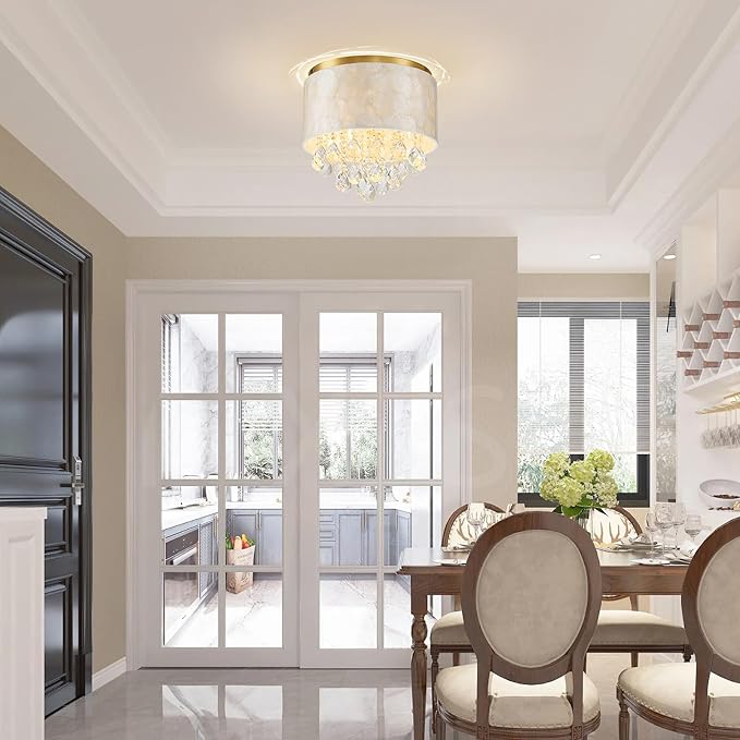 3-Light Capiz Shell Drum Crystal Ceiling Light, D12xH11 Inch, Coastal Design Close to Ceiling Flushmount Light Fixture for Dining Room, Bedroom, Kitchen, Shell Lampshade & Gold Finish Frame
