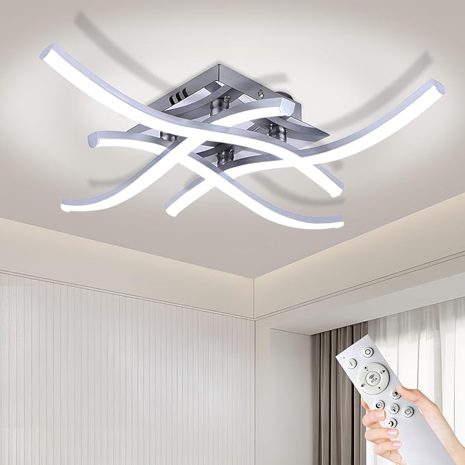 36W Modern LED Ceiling Light Fixture, 19.7Inch Curved Wave Ceiling Lamp with Remote for Bedroom, Kitchen, Hallway, Foyer Library Dining Room Silver 6000K Modern Ceiling Light Fixture