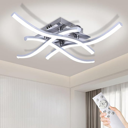 36W Modern LED Ceiling Light Fixture, 19.7Inch Curved Wave Ceiling Lamp with Remote for Bedroom, Kitchen, Hallway, Foyer Library Dining Room Silver 6000K Modern Ceiling Light Fixture