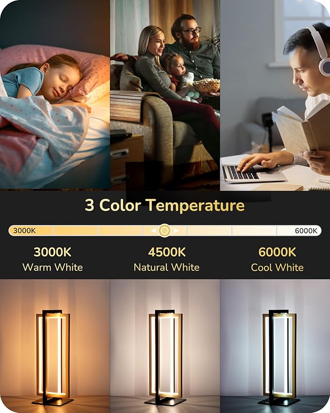 EDISHINE LED Table Lamp, 3 Color Temperatures Bedside Lamp (3000K 4500K 6000K), Stepless Dimmable Nightstand Lamp for Living Room Bedroom Office, Dual-Frame Rectangle, Angle Adjustable 850LM 18W