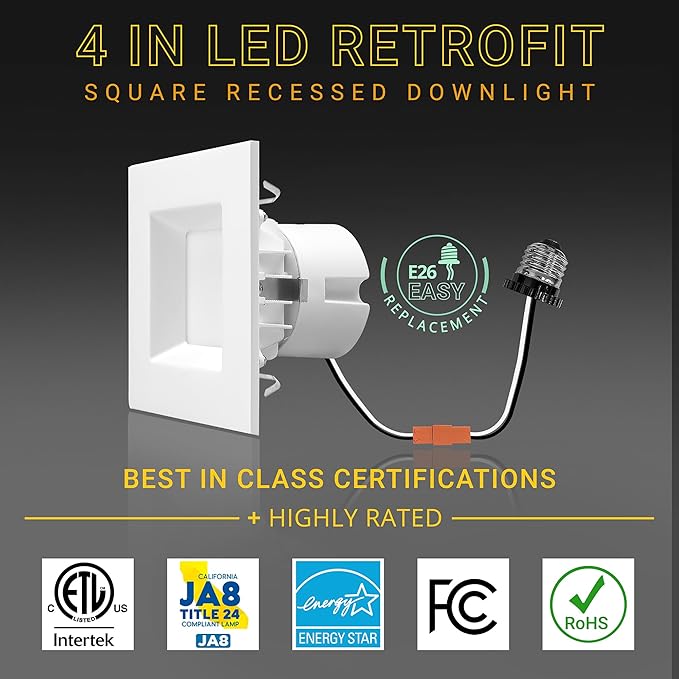 NUWATT 4 Pack, 4 Inch Retrofit LED Square Recessed Lighting, 5CCT 2700K/3000K/3500K/4000K/5000K Selectable, 750 Lumens 11W, Dimmable Ceiling Light, White Square Trim Can Light, Wet Rated, ETL Listed