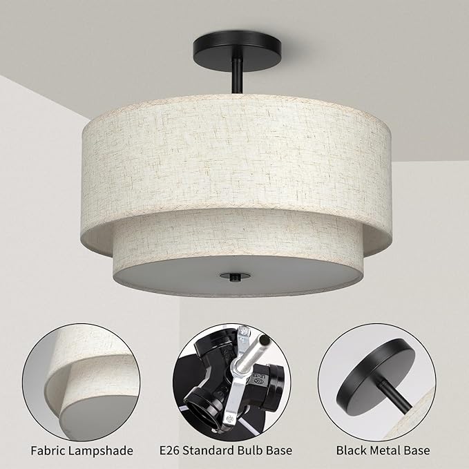 FRIDEKO HOME Ceiling Light Fixture-15.7 inch Light Fixtures Ceiling Mount with 2-Layer Fabric Shade Drum Light Fixture for Bedroom Living Room Kitchen Foyer Hallway