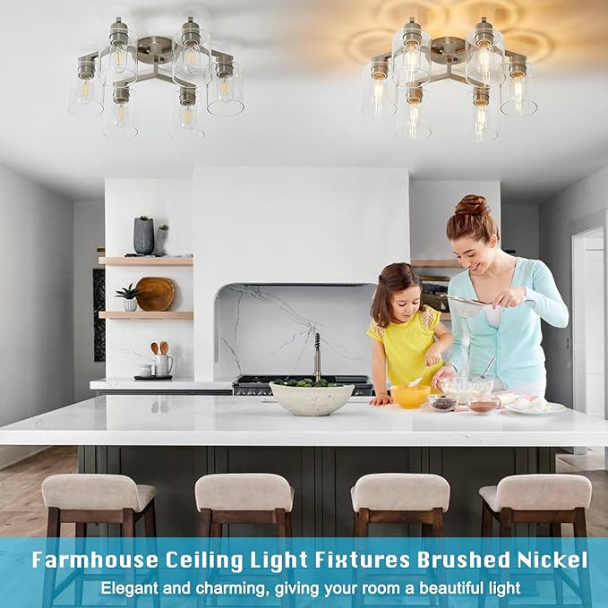 YYT Light Fixtures for Dining Room 6-Light Semi Flush Mount Ceiling Light Fixtures Large Brushed Nickel Kitchen Lighting Fixtures Ceiling with Clear Glass Shade for Living Room - E26