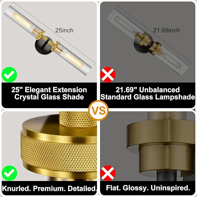 LaLuLa Black and Gold Vanity Light Fixtures 2-Pack – Modern Hardwired Dual-Light Wall Sconces with Rippled Glass Shades, Textured Metal Bathroom Lighting for Over Mirror or Hallway, 25" Height