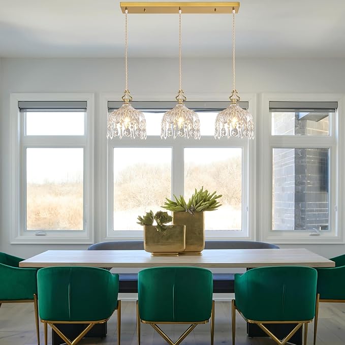 3-Light Pendant Light Fixtures Brass Vintage Glass Pendant Lights Crystal Hanging Light Fixtures,Adjustable Height Pendant Lighting for Dining Room Living Room Bedroom Hallway(Long Chassis)