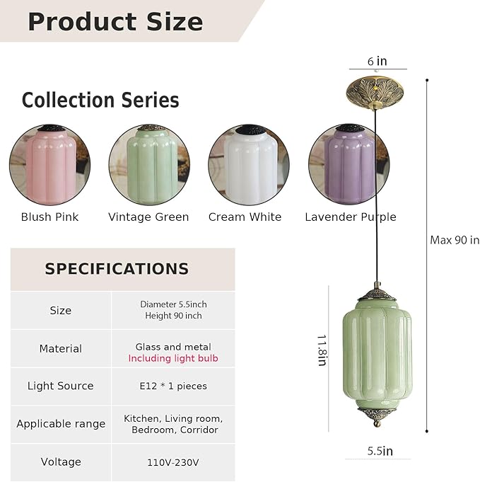 Vintage Milk Glass Pendant Lights Kitchen, Brass Color Glass Ceiling Light Fixture, Retro Industrial Pendant Lighting for Dining Room, Kitchen, Bedroom, Entryway, Hallway (Green, 5.5in)