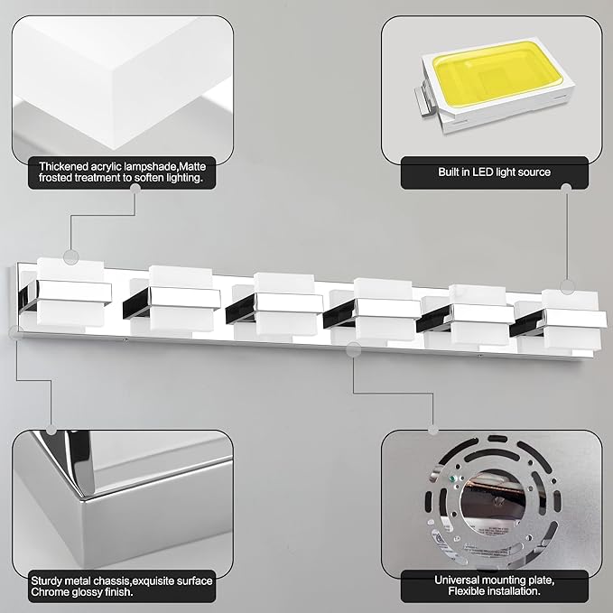 SOLFART 6-Light Bathroom Vanity Lights Above Mirror, Chrome Light Fixtures for Bathroom, LED Vanity Lighting,5 Color Temperature Adjustable,Bath Lighting Fixture Nickel