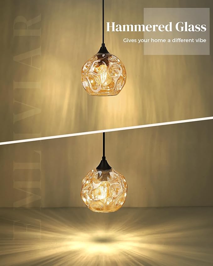 Emliviar 7 Inch Adjustable Mini Chandelier, Round Ceiling Pendant Lighting Fixture with Hammered Glass, Amber Finish, DYE287G2-MIL BK