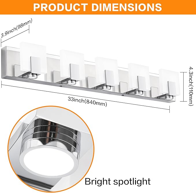 SOLFART Vanity Lights for Bathroom Dimmable Modern LED Chrome Bathroom Lighting Over Mirror 5 Light