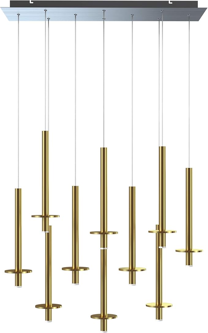 Draco 10 Pendant Lighting Brass – LED Hanging Light Fixture for Kitchen Island, Bar, Foyer – Equilateral Cluster of Mini Metal Rod Pipe Tube Cylinders – Dimmable, Adjustable Wire, Lamp Bulb Included