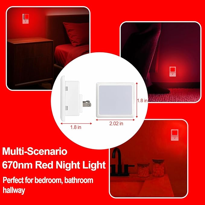 670nm Red Light Night Light for Sleep[6 Pack]- Zero Blue Light, Dimmable & Energy Efficient 0.3W Night Light Plug into Wall with Dusk-to-Dawn Sensor for Nursery, Bedroom, Bathroom